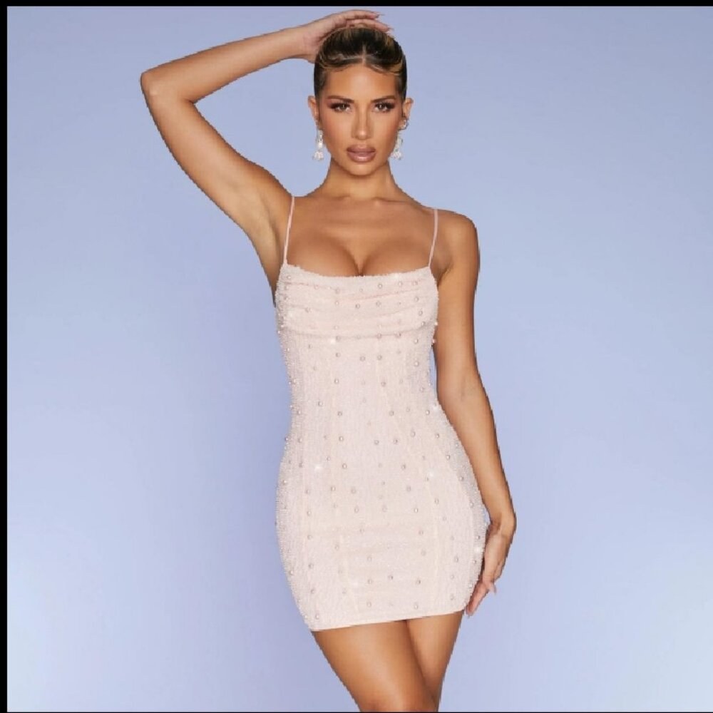 Oh Polly Pearl Embellished Seychelles Cream Cowl Neck Mini Dress Sz 6